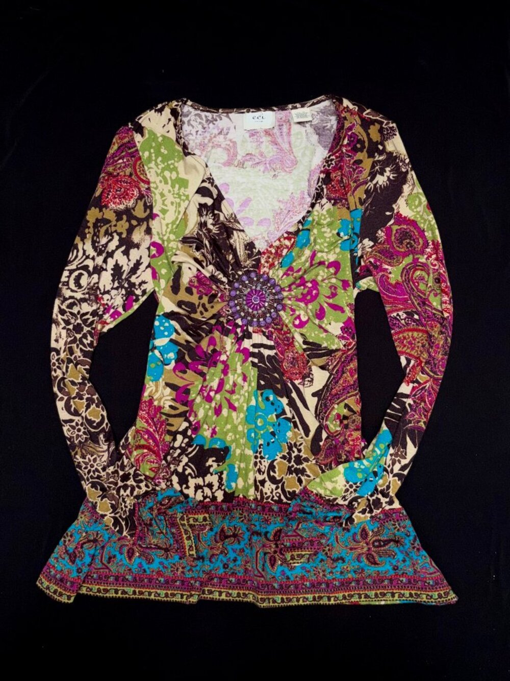 Vintage Y2K Beaded Starburst ECI New York V-Neck Paisley Long Sleeve Top Sz Med
